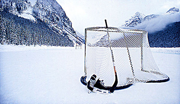 滑冰,冰球棍,网,路易斯湖,班芙国家公园,艾伯塔省,加拿大