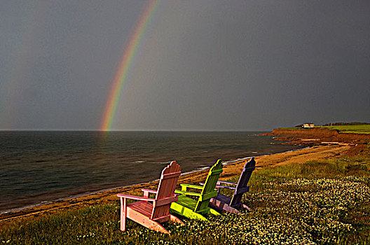 彩虹,沙滩椅,远眺,小湾,爱德华王子岛,加拿大