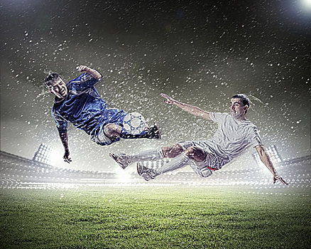 两个,球员,跳跃,雷击,球,体育场,雨