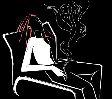 时尚插画,剪影,香烟,沙发,坐着,女人,橘红色长发,烟雾