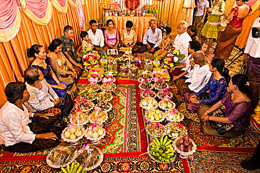 金边,省,城镇,传统,柬埔寨,婚姻,新婚夫妇,跟随,典礼,供品