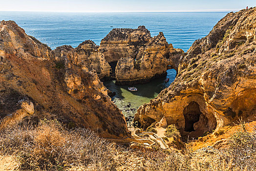 海边风景,岩石,岸边,拉各斯,阿尔加维,葡萄牙,欧洲