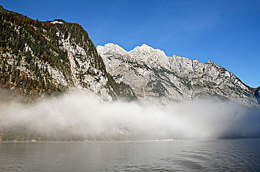 晨雾,举起,湖,山,瓦茨曼山,背影,上巴伐利亚,巴伐利亚,德国,欧洲