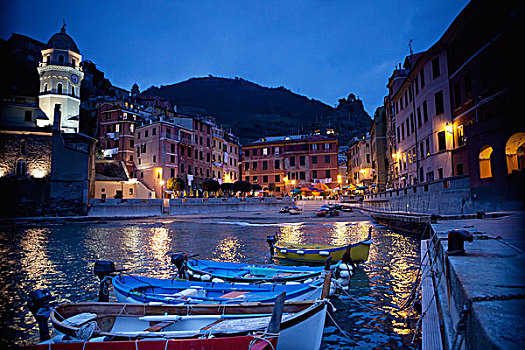 泊船,建筑,水岸,夜晚,维纳扎,利古里亚,意大利