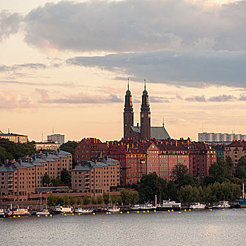 泊船,边缘,日落,斯德哥尔摩,瑞典
