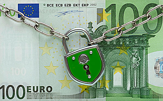 100欧元,锁,象征,图像,安全,欧元