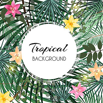 抽象,自然,热带,背景,棕榈树,叶子,百合,花,矢量,插画