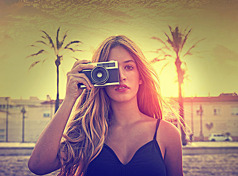 少女,复古,相机,日落,一个,摄影师,图像
