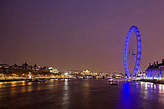 威斯敏斯特桥,向上,泰晤士河,夜晚,展示,伦敦眼,轮子,南方,堤岸,伦敦,英国