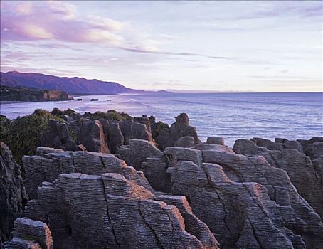 薄烤饼,石头,海岸,日落,国家公园,南岛,新西兰,大洋洲
