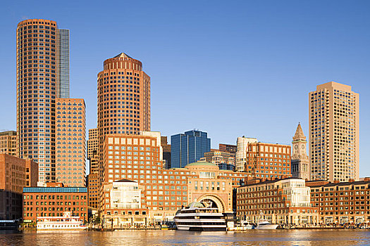 金融区,天际线,码头,日出,波士顿,马萨诸塞,美国