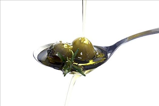 橄榄,百里香,勺子,遮盖,橄榄油