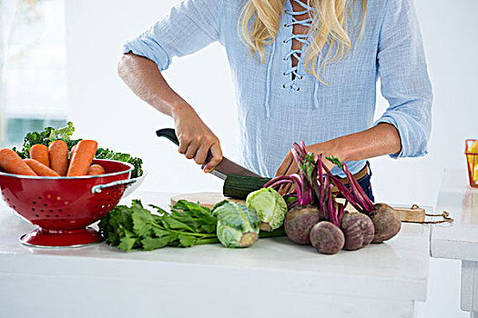 中间部分,女人,切,蔬菜,案板,白色背景
