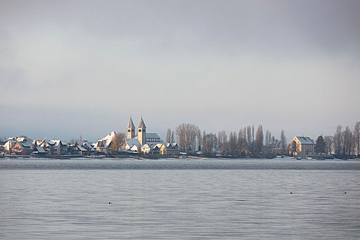 冬天,气氛,风景,教堂,雪,赖兴瑙岛,巴登符腾堡,德国,欧洲