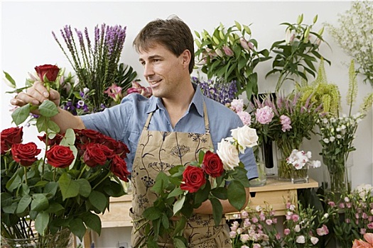 男性,花商,工作,花,店,检查,红玫瑰,微笑