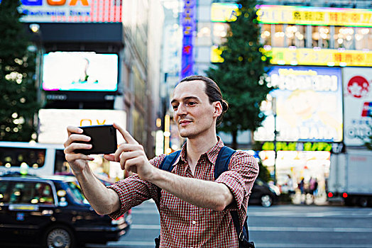 男青年,白人,游人,东京,街上,机智,电话,照相
