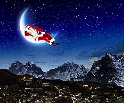 照片,圣诞老人,坐,月亮,城市,山,仰视