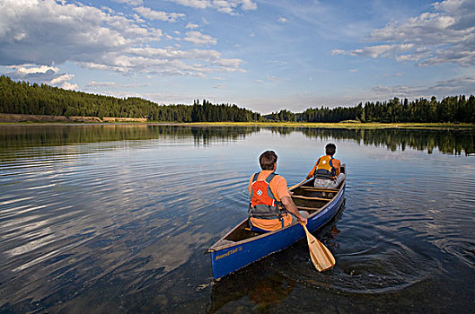 母亲,儿子,独木舟,湖,蒙大拿