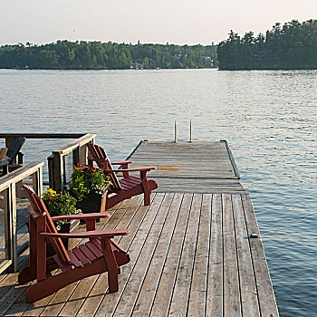 宽木躺椅,码头,湖岸,湖,木头,安大略省,加拿大