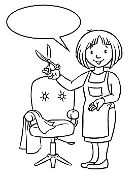 有趣,上色,上色画册,女人,美发师,剪刀,靠近,理发椅,圆,职业,孩子