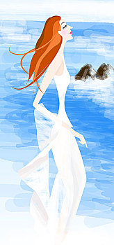 时尚插画,大海,白衣长裙,吹风,侧面