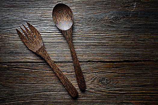 木质,厨具,勺子,叉子,木质背景