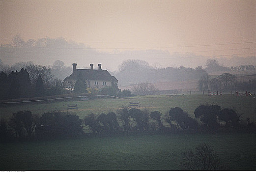 房子,风景,雾,英格兰