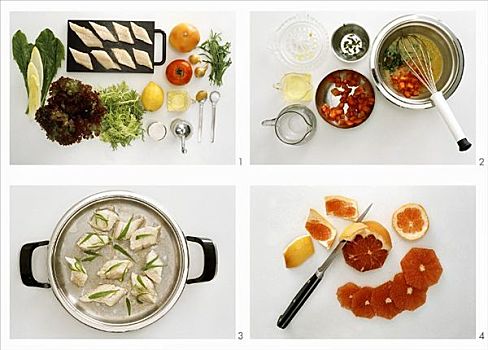 准备,蔬菜沙拉,蒸制,鱼,柚子