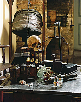 准备,工具,头骨,古老,制药,14世纪