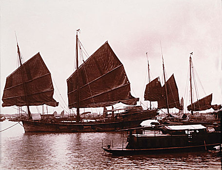 沿岸,帆船,港口,中国,印刷