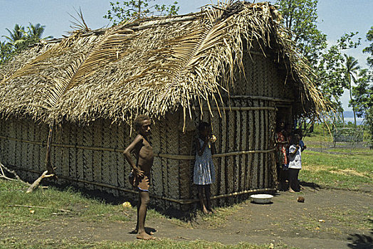 瓦努阿图,岛屿,孩子,正面,小屋