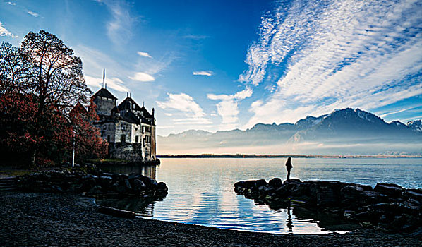 男人,岩石上,湖岸,户外,城堡,瑞士