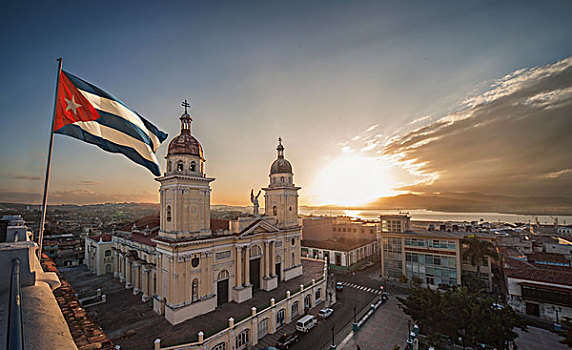 古巴国旗,上方,广场,日落,古巴圣地亚哥,古巴