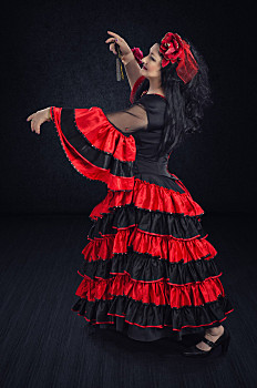 跳舞,华尔兹,想像,伙伴,成熟,黑发,女人,一个,暗色,舞者,穿戴,红色