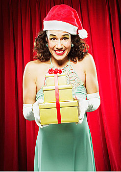 女人,圣诞帽,拿着,礼物