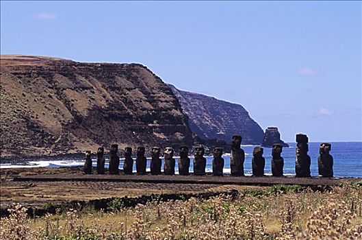 复活节岛,线条,摩埃石像,海滩