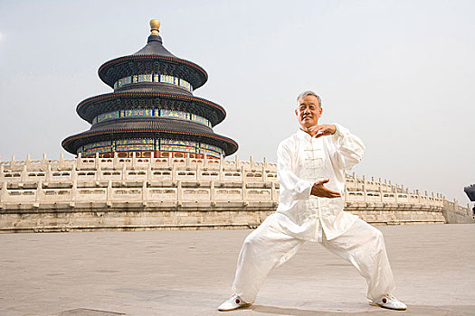 中国武术--一名老者在天坛祈年殿前练太极