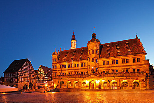 市政厅,建筑,市场,罗腾堡,浪漫大道,中间,弗兰克尼亚,巴伐利亚,德国,欧洲