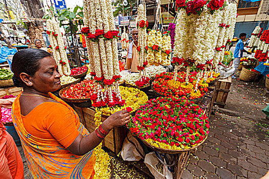 女性,花,摊贩,南印度
