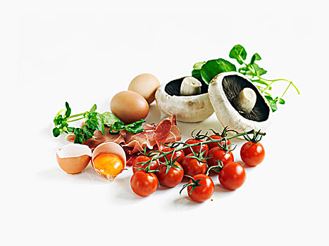 静物,西红柿,火腿,蛋,蘑菇,水芹