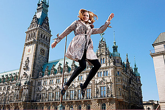 愉悦,女人,豹,外套,跳跃,空中,汉堡市,市政厅,德国