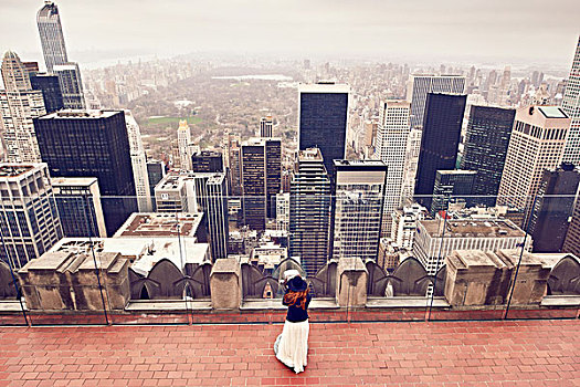 美女,白色长裙,帽子,看,纽约,天际线