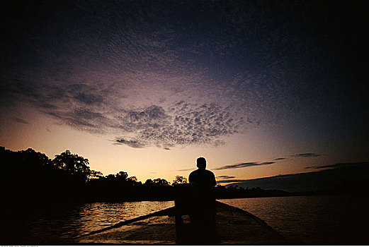 男人,船,日落,亚马逊盆地,厄瓜多尔