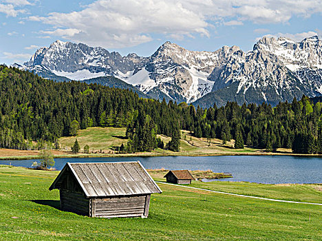 山脉,靠近,米滕瓦尔德,春天,湖,绿色,草场,对比,安静,积雪,顶峰,西部,山,高耸,高处,巴伐利亚