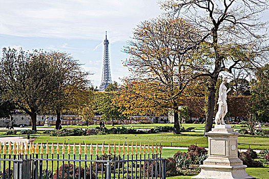 法国,巴黎,杜乐丽花园,埃菲尔铁塔,背景