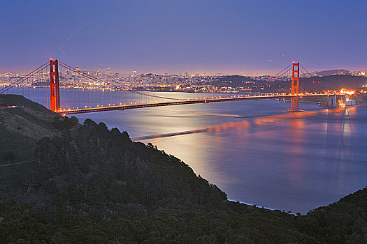 吊桥,光亮,黄昏,金门大桥,旧金山湾,旧金山,加利福尼亚,美国