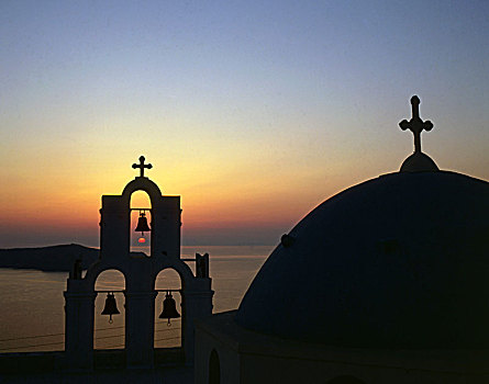 希腊,基克拉迪群岛,锡拉岛,教堂,日落