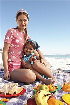 妈妈,女儿,野餐,海滩