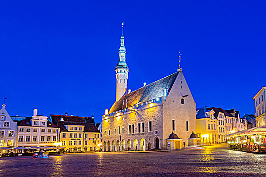 哥特式,市政厅,城镇广场,老城,蓝色,钟点,塔林,爱沙尼亚,欧洲