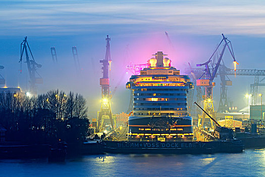 船,船只,游轮,班轮,码头,汉堡市,港口,河,模糊,晚间,亮光,船厂,德国,欧洲